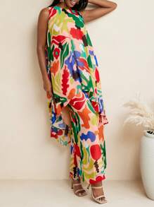 JIAN LASALA Summer Colorful All-Over Printed Soft Flowy Chiffon Sleeveless A-Line Vest Top Vacation Outfits Hawaii Outfits Women Ankara Tops Resort Wear Rave Outfits Festival Vintage Homecoming SXY
