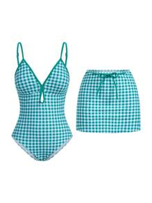 Swim Mod Traje de baño de una pieza con minifalda a cuadros azul retro para vacaciones de verano - Verde - Ver 1