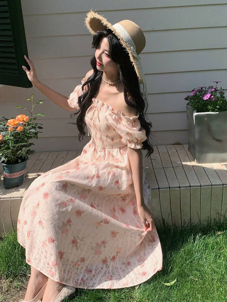 Fashionable Ditsy Floral French Style Waist Cinched Sweet Fairy Puff Sleeve Long Dress, Summer Maxi Dress Boho