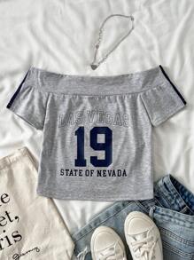 SHEIN Grau-weißes Campus Sport Street All-Match T-Shirt mit Zahlendruck, Off-Shoulder