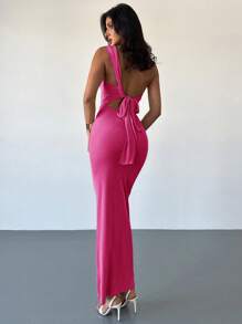 Firerie Gaun Maxi Hijau Musim Panas Chic Elegan Chic untuk Pesta Malam, Tanpa Punggung, Belahan, Tali Bahu Berkerut, Cocok untuk Liburan, Hari Valentine, dan Musim Pernikahan. - Hot Pink - View 5