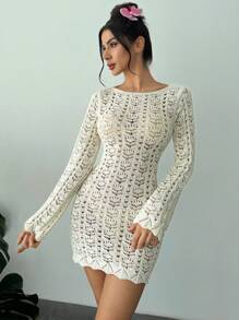 Firerie Strandresort-Stil gehäkeltes Cut Out körperbetontes rückenfreies Langarm-Sexy-Sweater-Kleid für Frauen