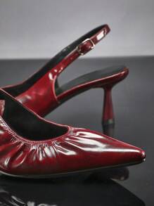 SHUZIA Women's High Heel Pointed Toe, Elegant Patent Faux Leather Wrinkle Design Fashionable Buckled Back Strap Shoes - Burgundy - View 3