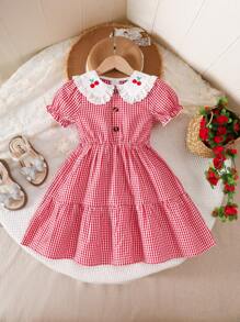 4-7 Years Old Girl Casual Summer Red & White Plaid Sleeveless Dress, White Lace Peter Pan Collar Flare Skirt, Sweet & Cute Style Suitable For Daily Wear Or Light Occasions Like Family Gathering, Kid's Party - Red - View 3