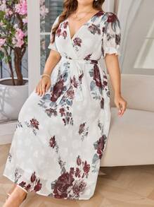 Modelyn Vestido largo de gasa con estampado floral, manga farol, cuello cruzado, lazo en la cintura y volantes, elegante para vacaciones, bodas, fiestas y verano, talla grande - Multicolor - Ver 7