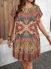 SHEIN LUNE Plus Size Women's Vintage Floral Print V Neck Bat Sleeve Casual Dress,Light Yellow,Summer,Boho,Vacation,Holiday Resort Wear Ladies Sun Dresses - Multicolor - View 3