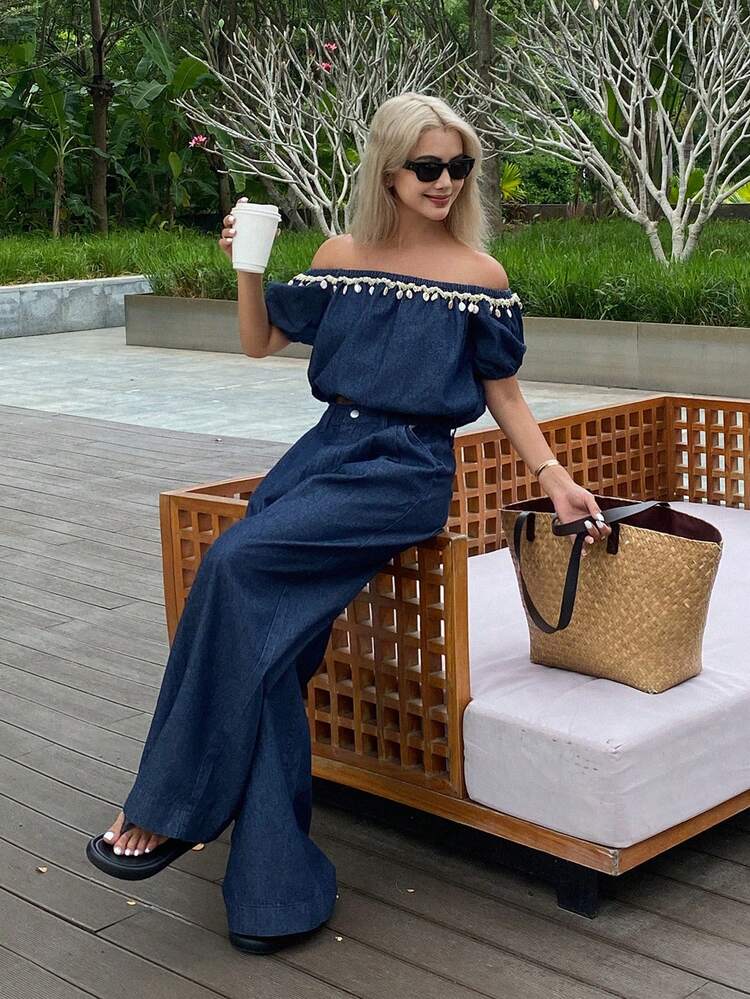 Women Denim Two Pieces Outfits Off Shoulder Top Vacation