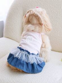PETSIN 1pc Soft Breathable Knit Suspender Denim Skirt Suitable For Cats And Dogs Wear All Season - Pink - View 2