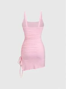 Sweetra Váy mini Y2K hở lưng không đối xứng dây rút gợi cảm - Hồng - Xem 2