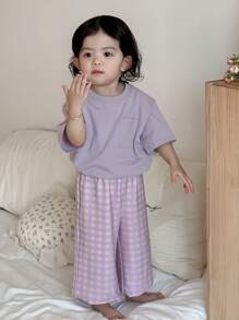 Dazy Kids 女婴休闲圆领短袖针织上衣和格子宽松长裤睡衣套装