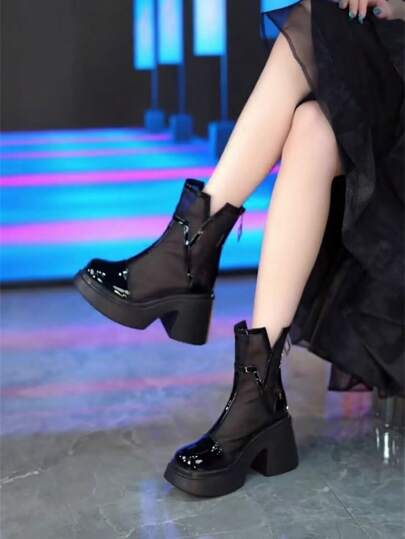 Goth Petite Women Thick Sole Chunky Heel Gladiator Sandals, Round Toe Mesh Splice High Heel Boots, Summer 2025