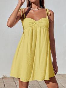 SHEIN EZwear 女士夏季休闲纯色纹理宽松褶皱吊带背心连衣裙 - 黃色 - 查看 6