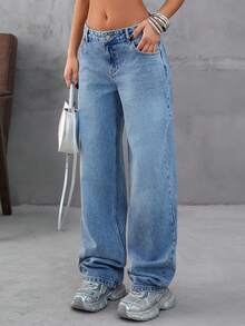 EURMUSE 宽松低腰直筒牛仔裤 - 淺色水洗藍 - 查看 1