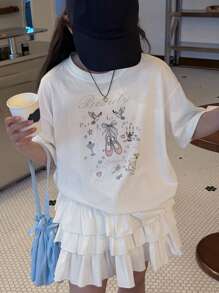 Dazy Kids 女童图案针织圆领短袖T恤，儿童夏装，返校服 - 白色 - 查看 1