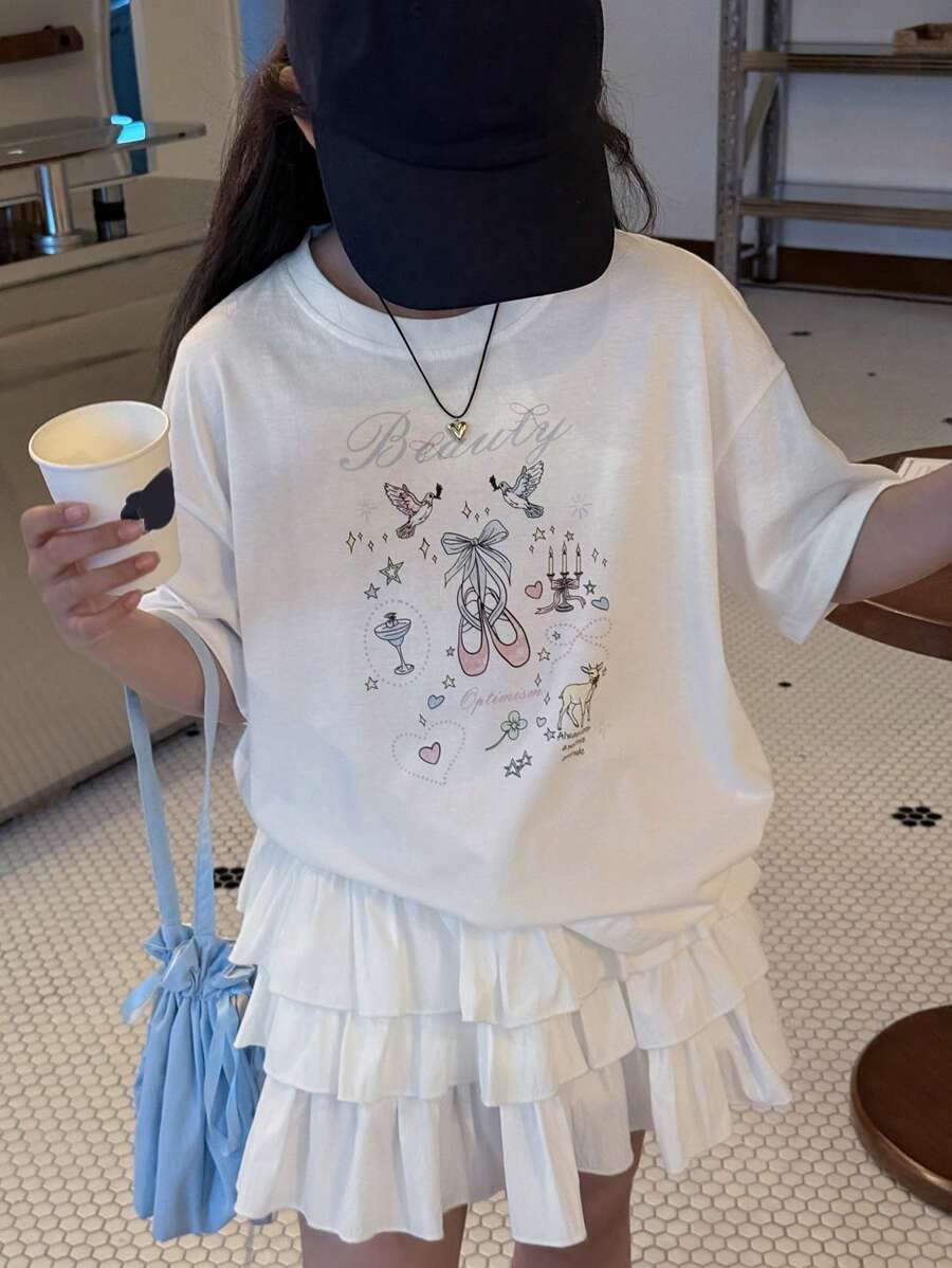 Dazy Kids 女童图案针织圆领短袖T恤，儿童夏装，返校服 - 白色 - 查看 1