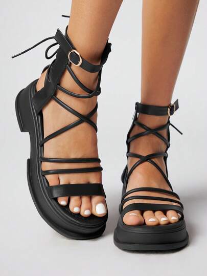 Goth Zapatos de tacón alto negros para mujer, sandalias romanas de playa de verano con punta abierta y cremallera trasera, sandalias de plataforma de estilo gótico con tacón grueso, para Halloween