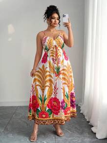 Celure 大码法式田园性感细肩带彩绘印花连衣裙，适合拍照、旅行，适合不同风格，娇小身材，可搭配针织开衫、牛仔外套