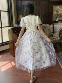 DAZY 女士刺绣中长连衣裙，适合派对，春夏季 - 杏色 - 查看 8