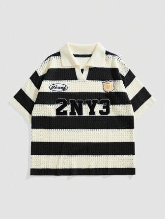 Prep Camisa polo de manga corta de punto con jacquard a rayas y letras para hombre