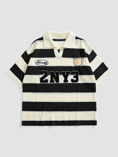 Prep Polo à manches courtes pour hommes en tricot jacquard à rayures avec lettrage
