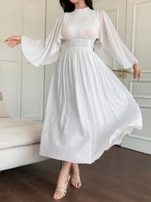 DAZY Solid Color Stand Collar Pleated Ruffle Sleeve Mid-Calf Dress For Women Business Attire - White - View 6