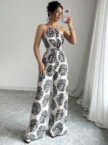 Elenzga 女士印花束腰打结阔腿连体裤，优雅度假、日常通勤之选 - 彩色 - 查看 6