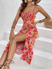 SHEIN Frenchy Women's Spaghetti Strap Floral Print Ruched Chest Slit Thigh Sleeveless Summer Dress  Elegant Dress Date Night Dress Party Flower Vacation Beach Holiday Resort
