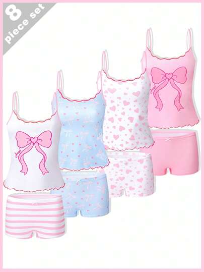 Sparklyn Minimalistiskt moderiktigt, bekvämt set med vågig fåll, rosa ljusblått, rosett och hjärtmönster, linne och shorts för flickor