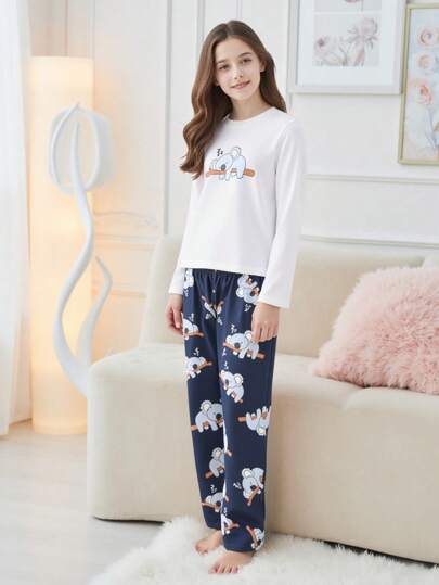 Set de pantaloni lungi cu imprimeu koala albastru, casual, pentru fete Tween, cu top alb cu mânecă lungă, cu gât rotund, pentru dormit și relaxare
