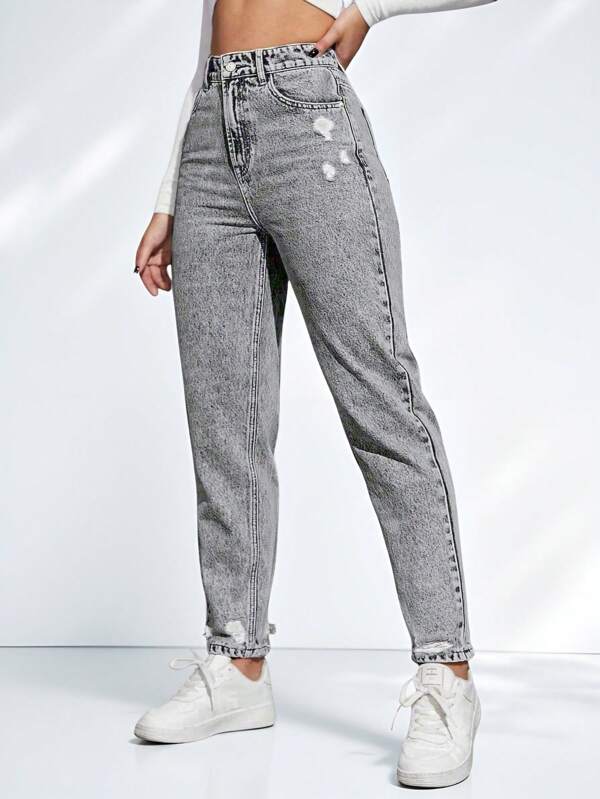 SHEIN EZwear Blugi casual de damă, cu picior drept, cu buzunare rupte, nasturi casual, buzunar, rupt, fermoar, talie înaltă, conici/morcov, lungi, gri deschis, blugi de femei, de primăvară/toamnă, ocazional de zi cu zi.