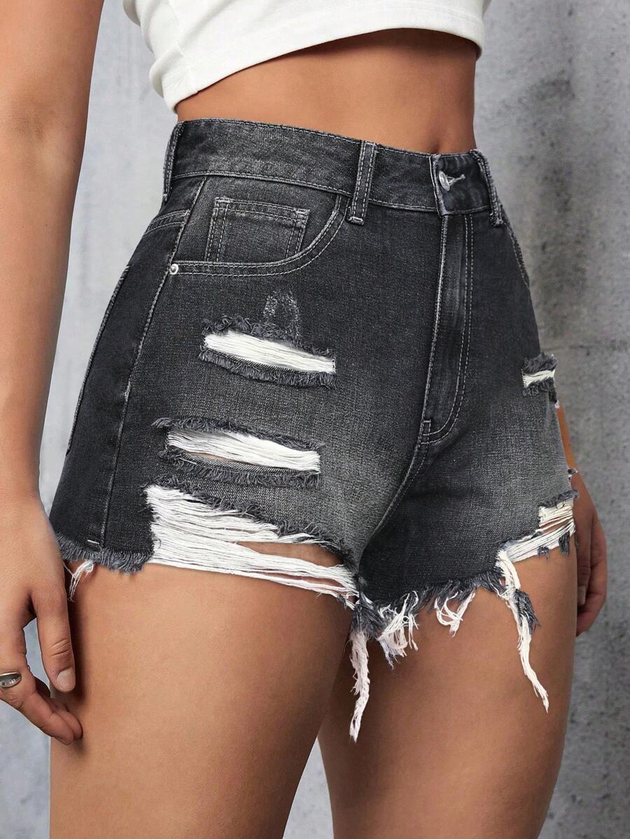 SHEIN Privé 夏季休闲洗水破洞牛仔短裤 - 深灰色 - 查看 1