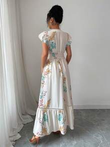 Elenzga Women's Spring/Summer Casual Vacation Apricot Floral Print Shirred Design Patchwork Ruffle Waist Cap Sleeve Maxi Dress - Apricot - View 2