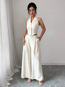 Elenzga Elegant Women's Spring/Summer Apricot Single-Breasted Back Cross Camisole Vest + Elegant Women's Spring/Summer Apricot Wide-Leg Pants - Apricot - View 4