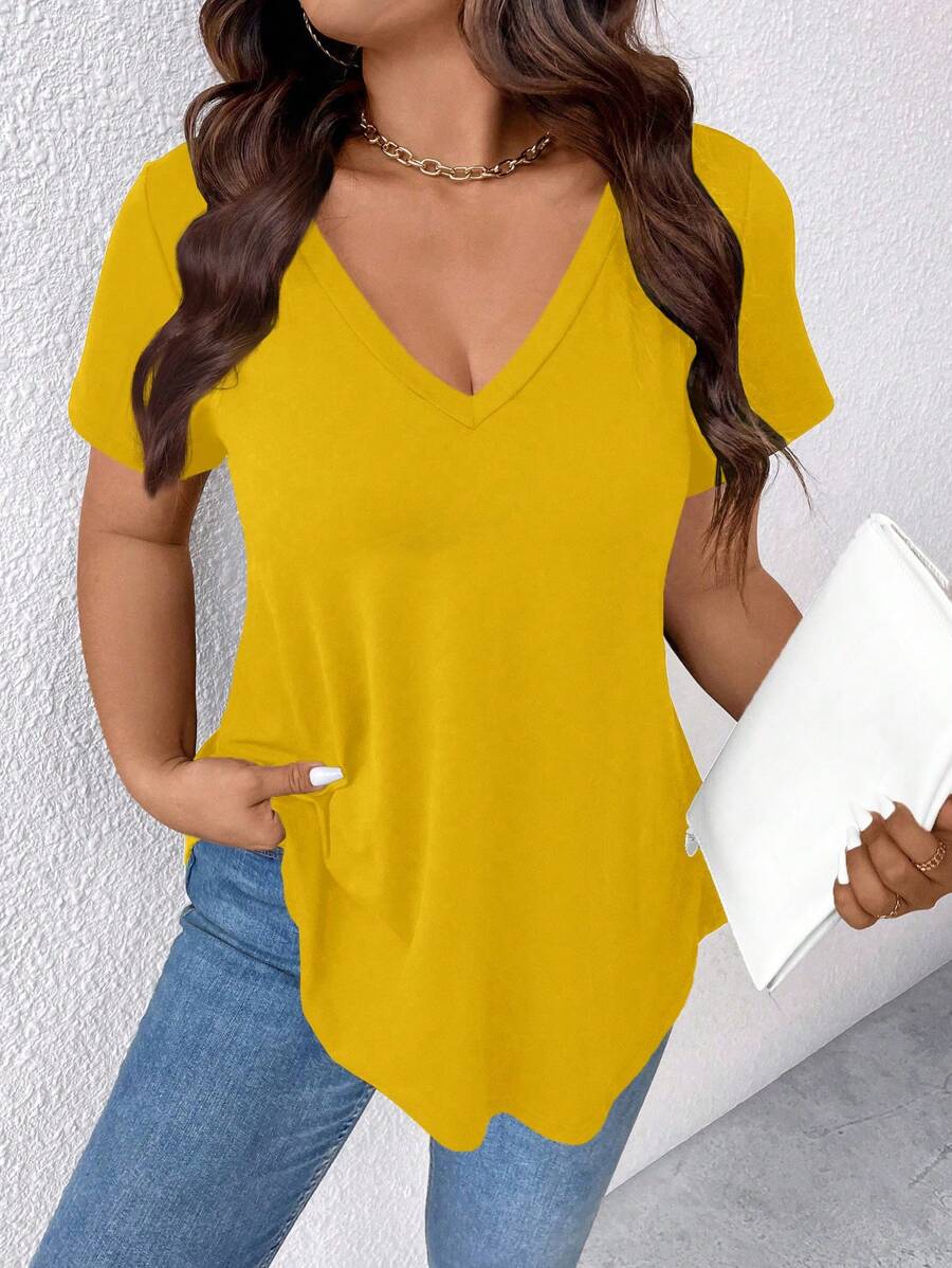 EMERY ROSE Camiseta holgada con cuello en V para mujer de talla grande para ropa de Año Nuevo - Amarillo - Ver 1