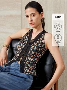 SHEIN Unity Women's Fashionable Woven Printed V-Neck Lace Patchwork Sleeveless Open Front Casual And Elegant Blouse, Spring/Summer - Black - View 1