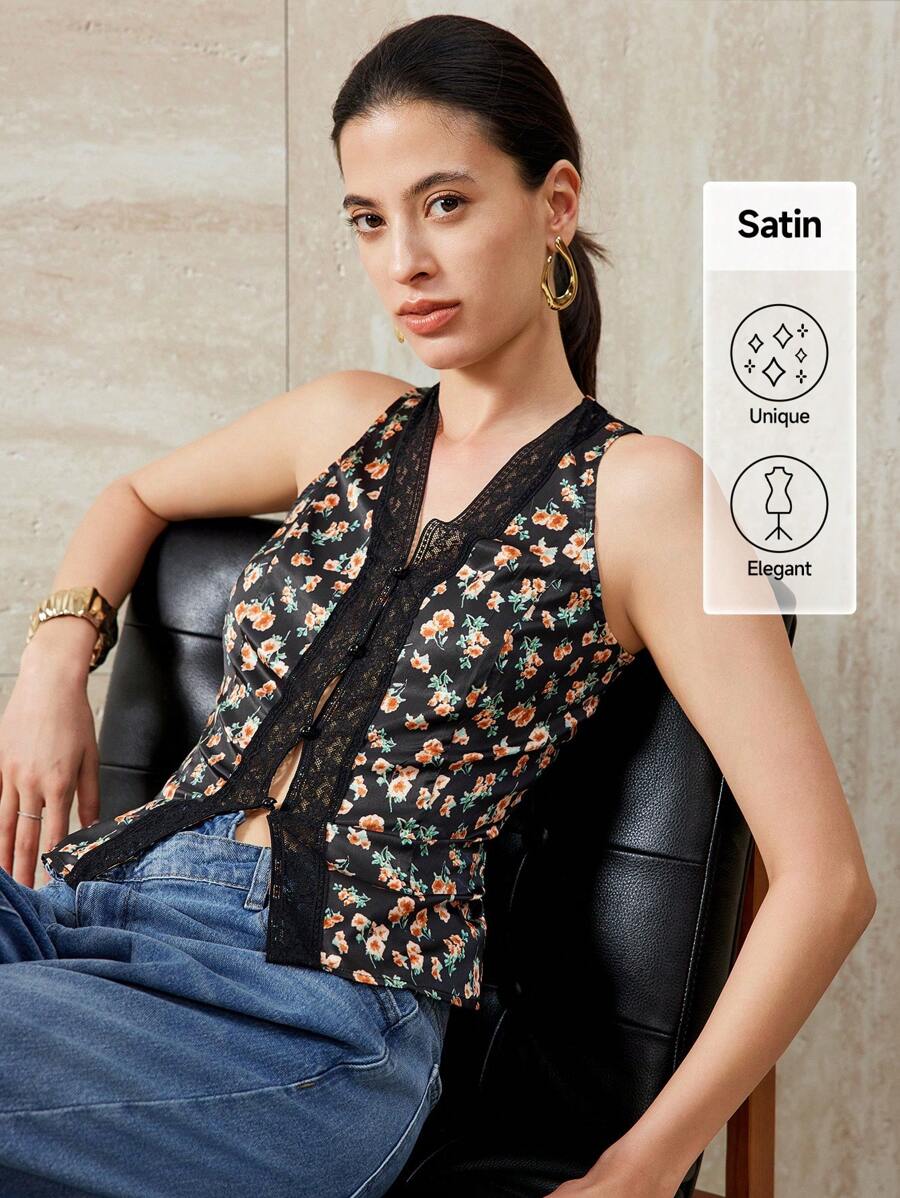 SHEIN Unity Women's Fashionable Woven Printed V-Neck Lace Patchwork Sleeveless Open Front Casual And Elegant Blouse, Spring/Summer - Black - View 1