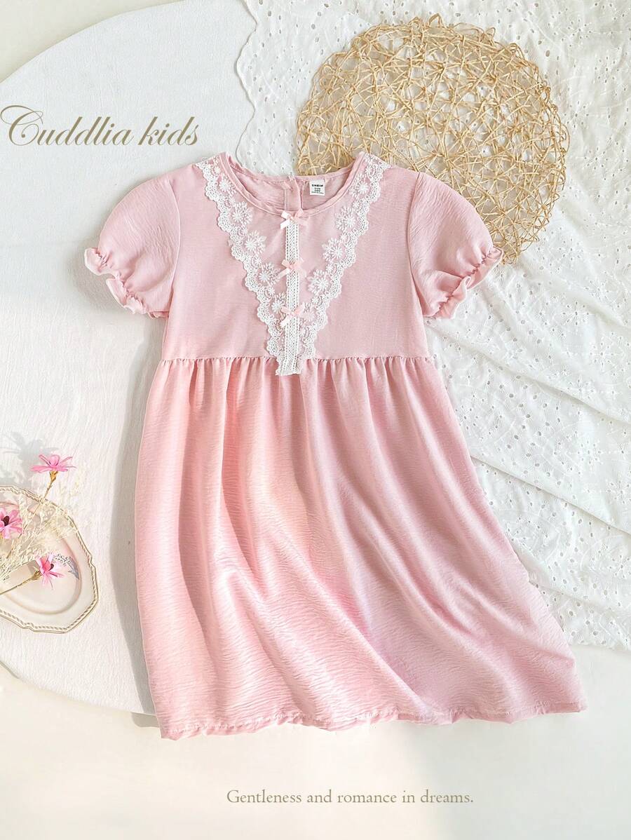 Mädchen rosa süßer einfarbiger Spitzenbesatz, bequeme und lange Nachthemd Nachtwäsche