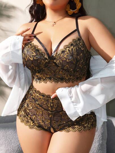 SHEIN 2pcs/Set Plus Size Sexy Lace Lingerie, Fashionable For Summer