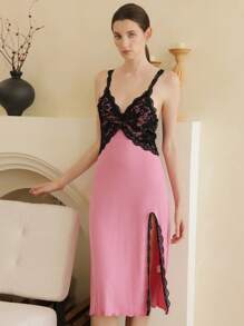 Camicia da notte elegante e matura da donna in pizzo e modal con spacchi sulle spalline - Multicolore - Visualizzare 6