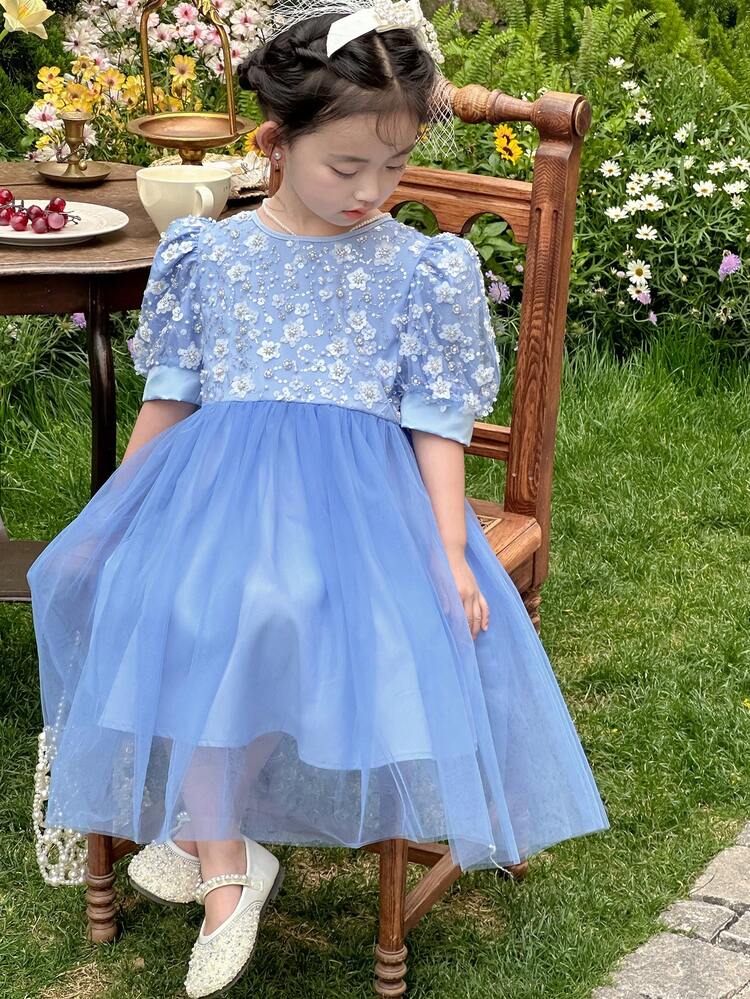 Young Girls' Beaded Round Neck Puff Sleeve Mesh Party Short Sleeve Dress, Summer