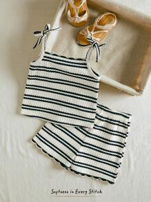 Cozy Pixies Set de 2 piezas para bebé niña con top de camisola con ribete en contraste de rayas coloridas y shorts de cintura elástica