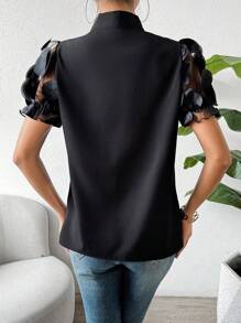 SHEIN Clasi Women's Round Applique Net Yarn Short Sleeve Tie Collar Shirt