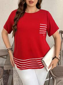 SHEIN LUNE Camiseta casual de talla grande con bolsillo y rayas de contraste, prenda de vestir occidental estilo boho bohemio, top de festival de los 90, verano y primavera