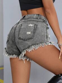 SHEIN PETITE 破洞毛边牛仔短裤 - 淺灰色 - 查看 2