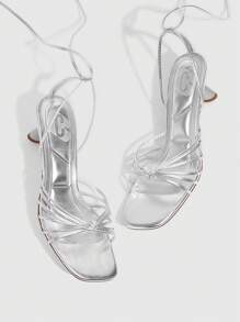 CUCCOO SZL 7厘米银色细带尖头高跟鞋女士性感派对系带凉鞋 - 銀色 - 查看 2