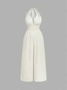 SHEIN MOD Plus Size Women's Solid Color Bandage Waist Wide Leg Sleeveless Jumpsuit, Spring/Summer Mother Day Outfit 4th Of July Women  Mother Day Gift Linen Graduation Outfit - Apricot - View 1