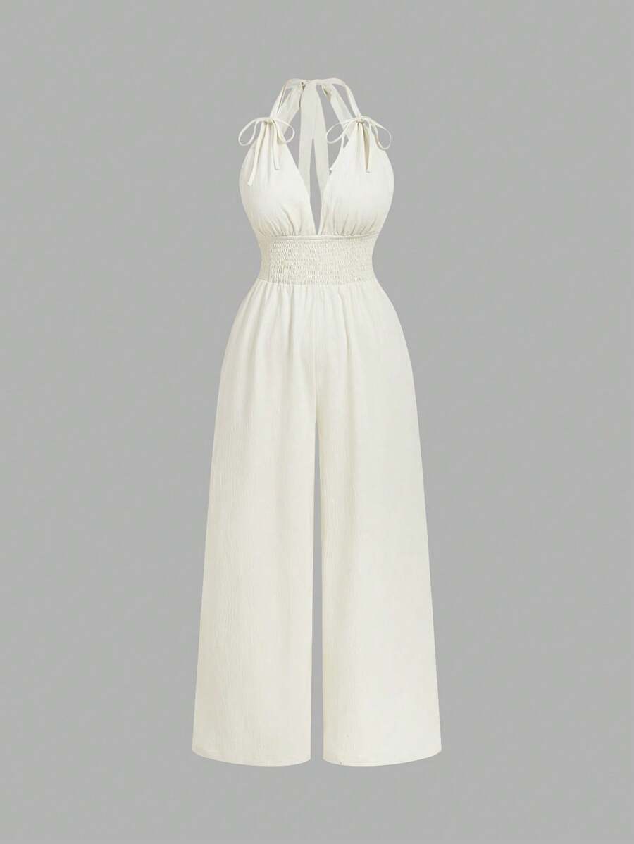 SHEIN MOD Plus Size Women's Solid Color Bandage Waist Wide Leg Sleeveless Jumpsuit, Spring/Summer Mother Day Outfit 4th Of July Women  Mother Day Gift Linen Graduation Outfit - Apricot - View 1