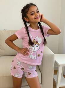 SHEIN Leap Crew Tween Girl Casual Minimalist Cartoon Rabbit Print Short Sleeve Top And Shorts Pajama Set, Snug Fit For Spring & Summer - Multicolor - View 1