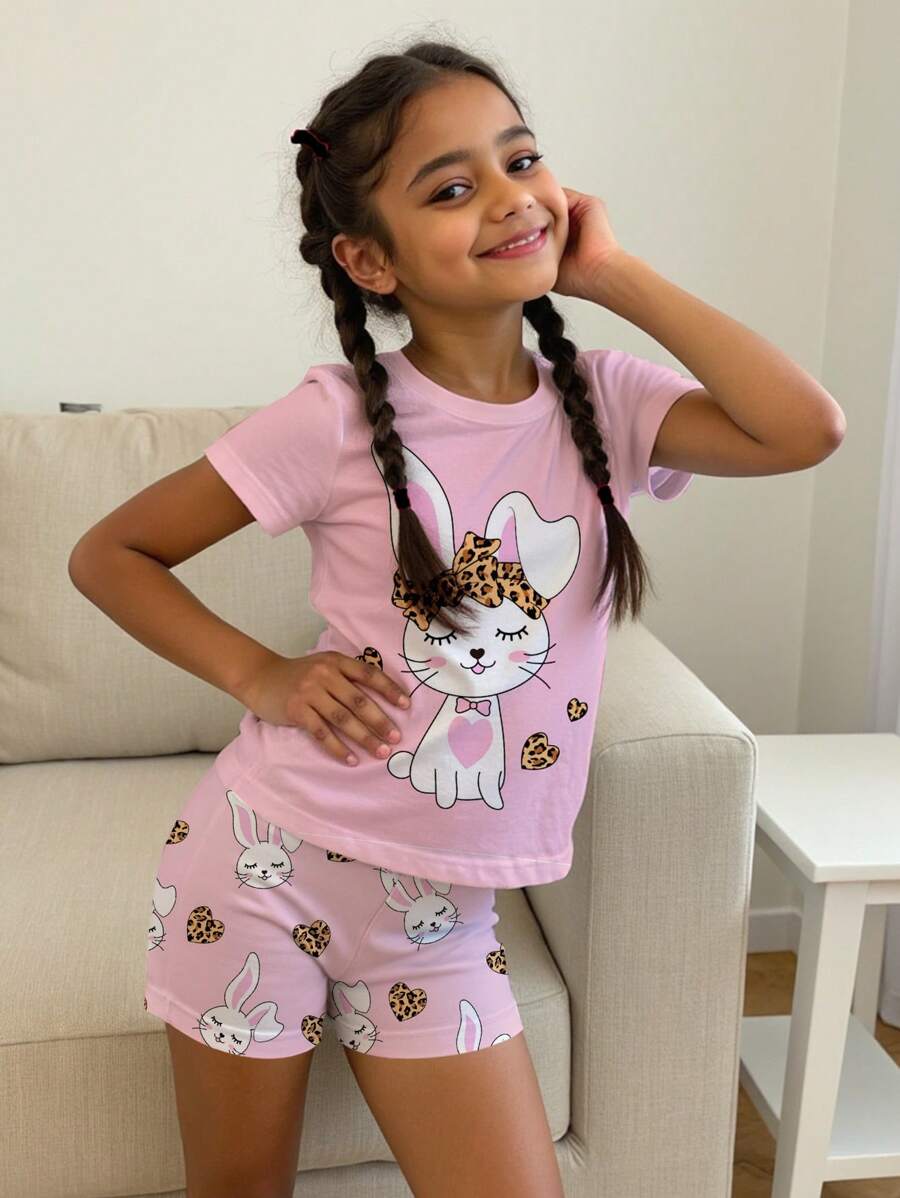 SHEIN Leap Crew Tween Girl Casual Minimalist Cartoon Rabbit Print Short Sleeve Top And Shorts Pajama Set, Snug Fit For Spring & Summer - Multicolor - View 1