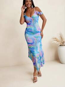 Sire Leo Lamar Sukienka maxi z nadrukiem w serek, ramiączka spaghetti, asymetryczna, falbana, plaża, wakacje, wakacje - Wielokolorowe - Zobacz 5